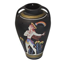 Artisan Matte Mini BUD Vase Dbl Handle Handpainted Minoan Pottery Vintage